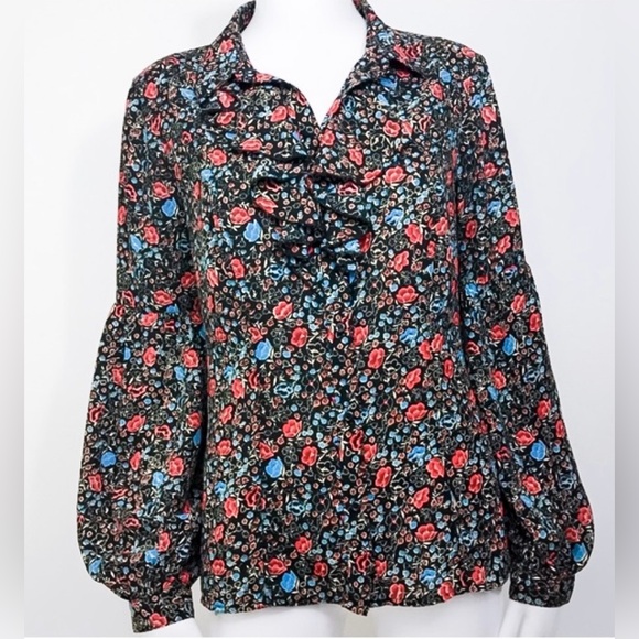 Free People Tops - Free People Boho Floral Print Ruffle Neck Bishop Sleeve Blouse, Size Small